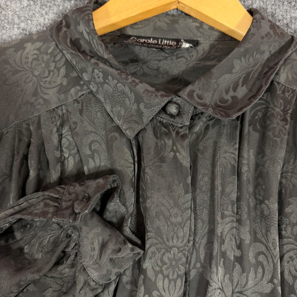 VTG Carole Little Blouse Damask Jacquard Long Sleeve Womens 12 L Black 100% Silk